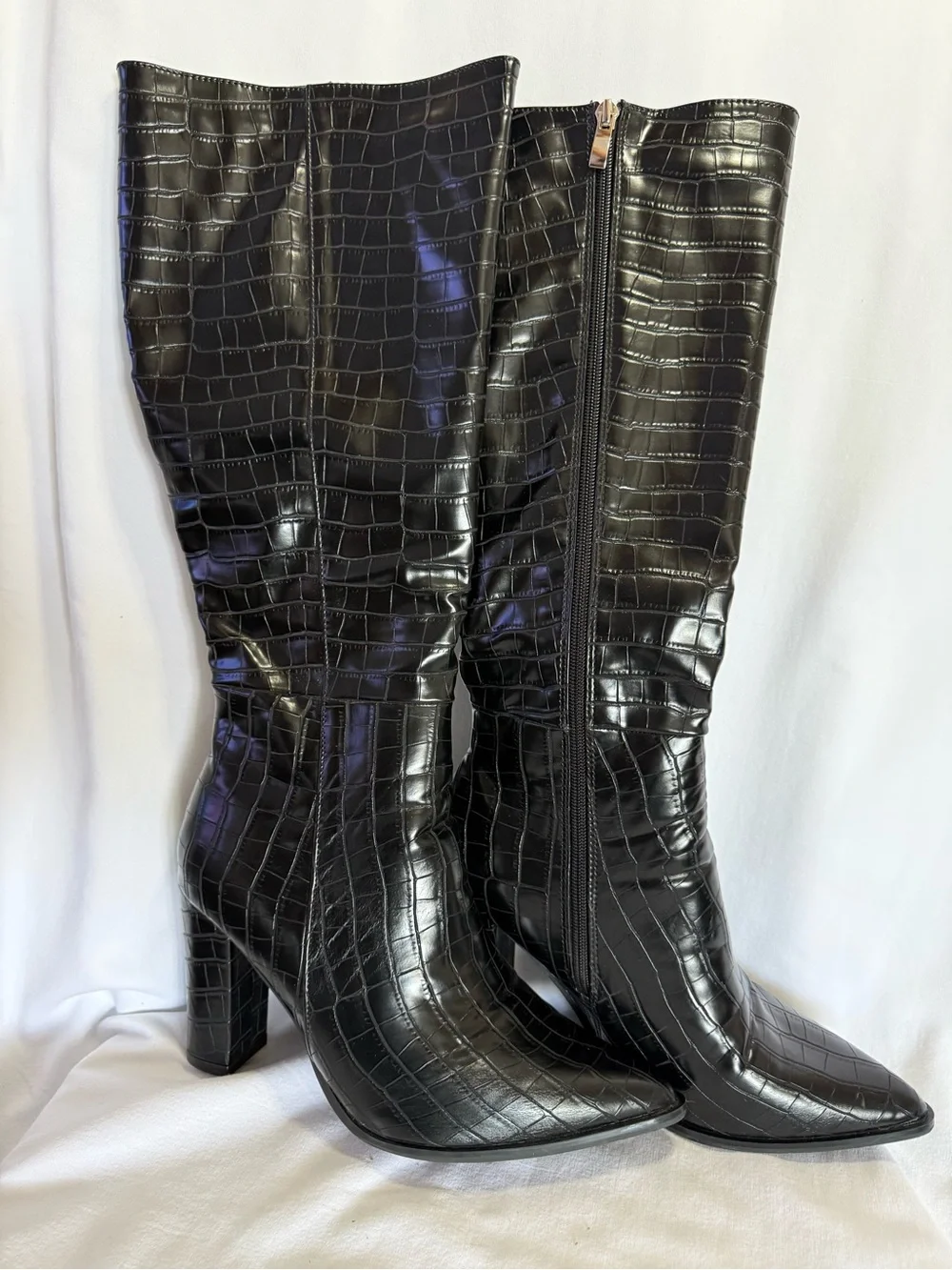 Black Croc-Embossed Over-the-Knee Heeled Boots
